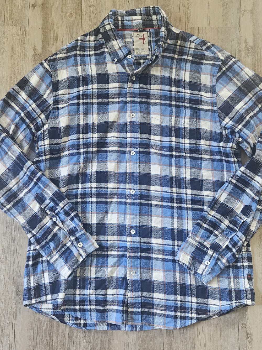 Relwen Huckberry Men's Blue Cotton Plaid Flyweight Button-Down Flannel Shirt XL